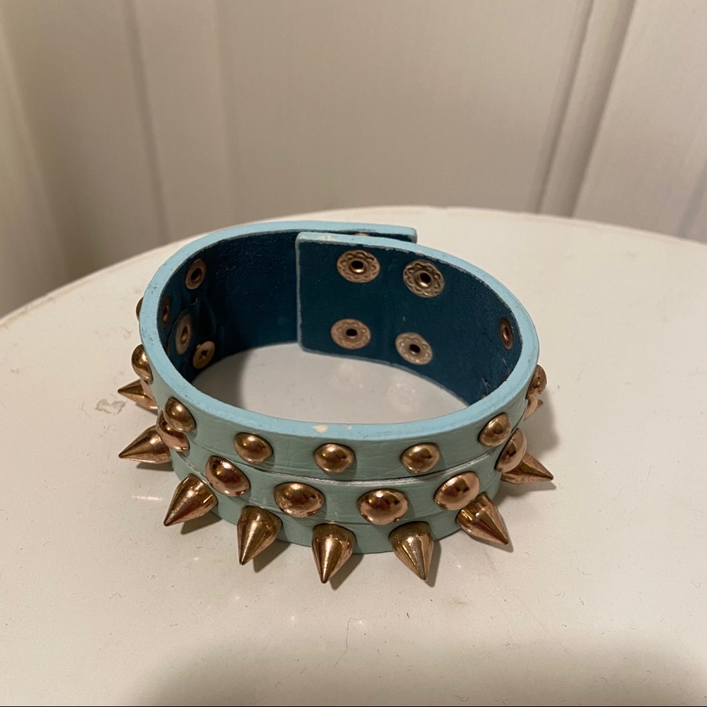 Punk Gold Spiked And Riveted Aqua Baby Blue Cuff - Picture 5 of 5